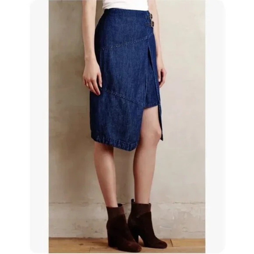 Holding Horses Anthropologie Asymmetrical Denim Midi Skirt Size 6